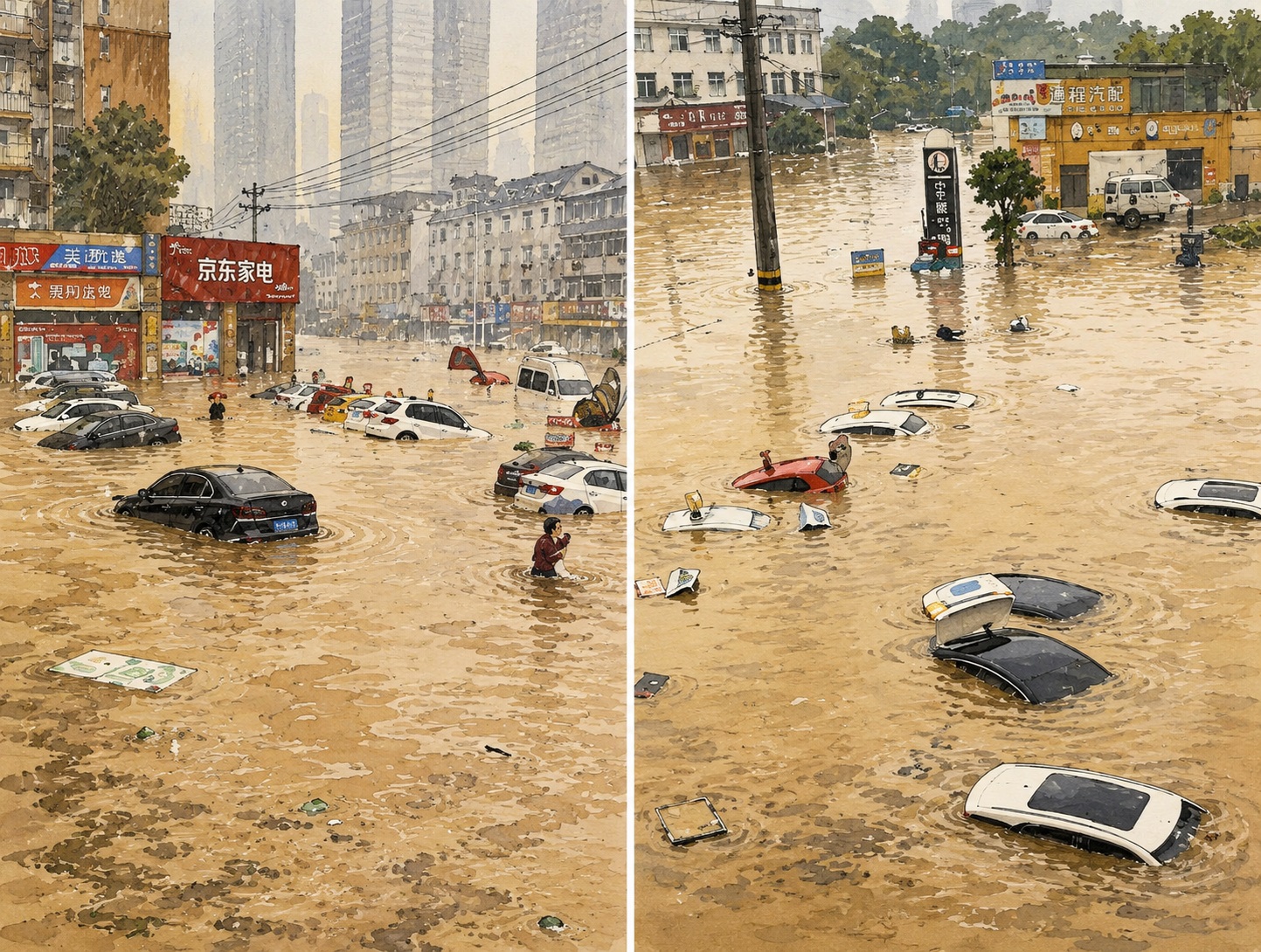 Two-panel painting of a city flood: left shows a waterlogged street with storefronts and cars; right shows deeper flood with more submerged vehicles and debris.