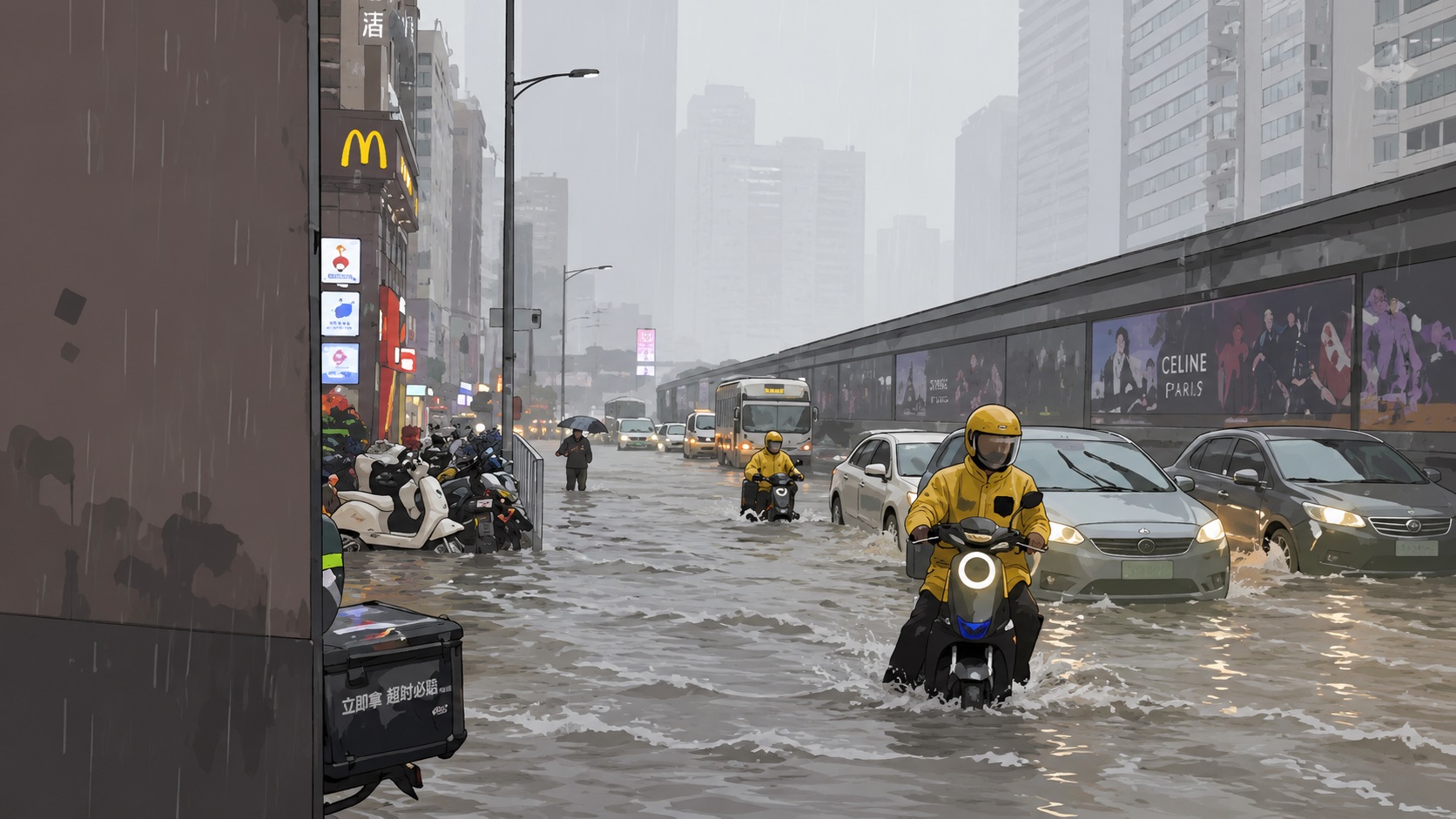 Flooded city street with vehicles (motorcycles in yellow rain gear and cars) driving through deep water as rain falls and tall buildings loom in the background.