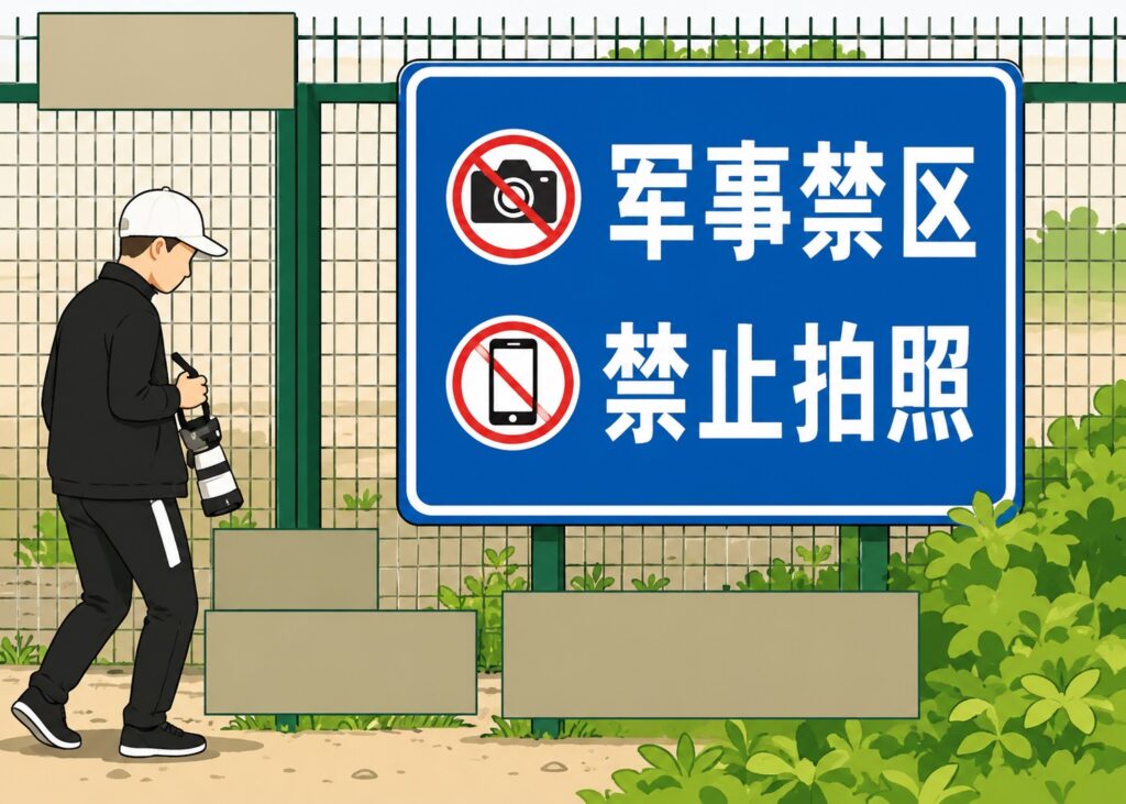 Photographer with a camera stands beside a fence near a blue sign that forbids photography in Chinese: 'Military restricted area — No photography.'