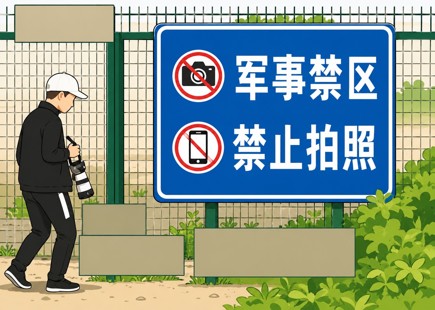 Photographer with a camera stands beside a fence near a blue sign that forbids photography in Chinese: 'Military restricted area — No photography.'
