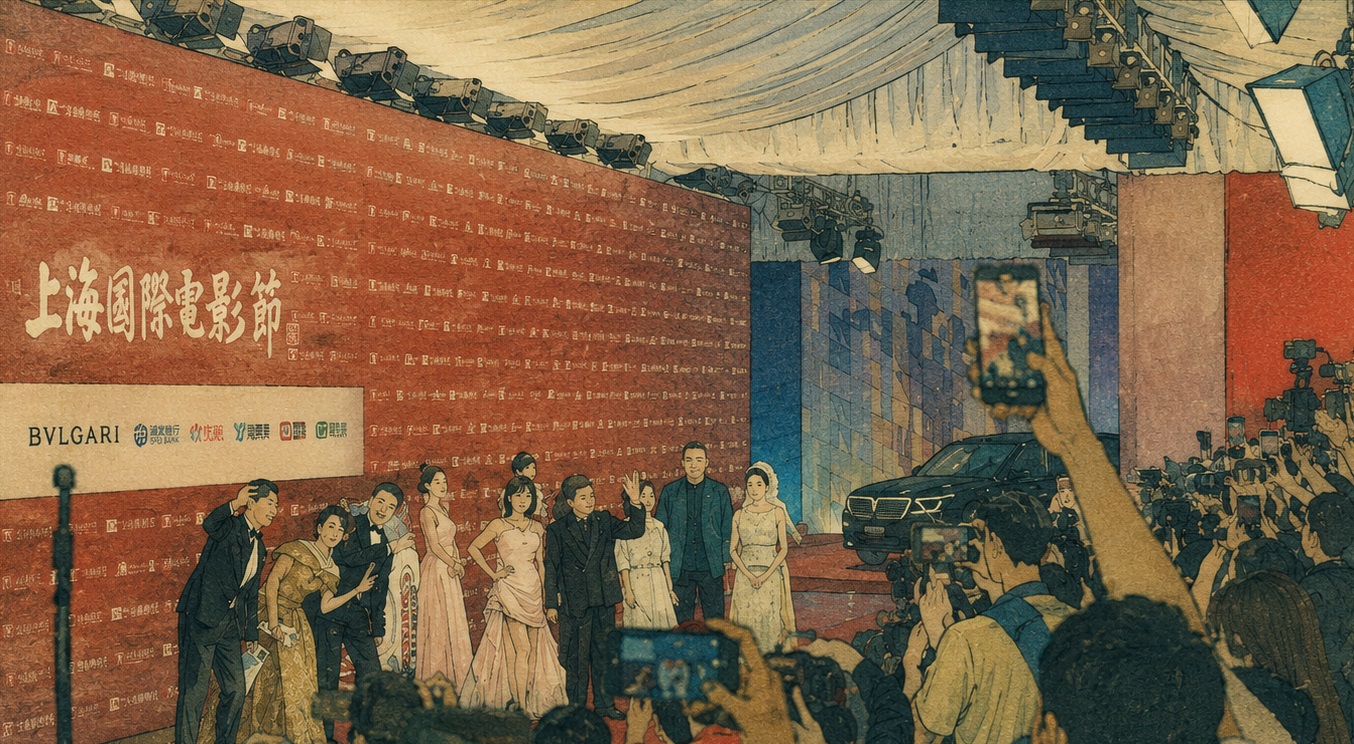 Celebrities pose on a red carpet at a film festival as photographers swarm the scene. Behind them is a large red backdrop with logos.