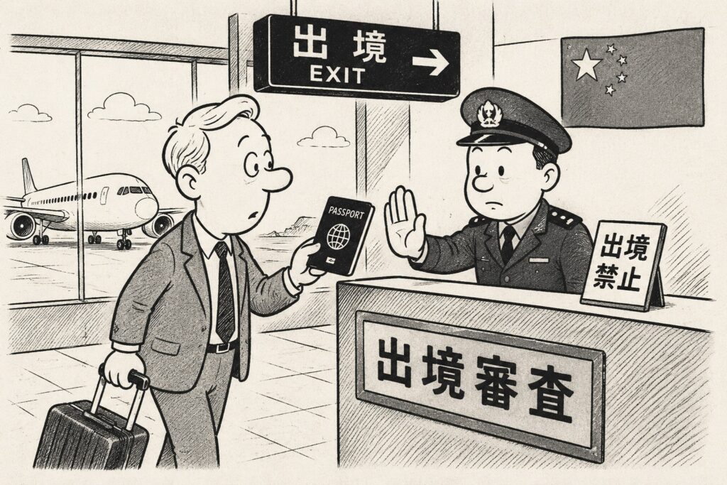 Suit-wearing man hands over his passport to a border officer at the exit desk, suitcase in hand, with an EXIT sign above and an airplane in the background.