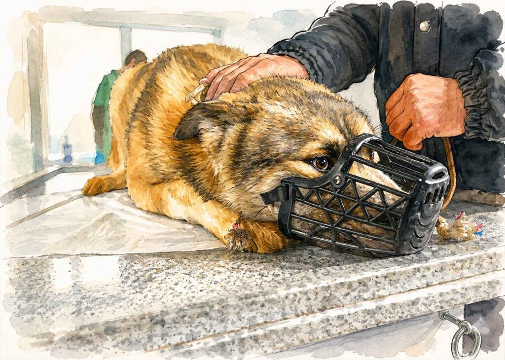 Dog lying on a stone counter wearing a black plastic basket muzzle while a person in a dark jacket pets its head