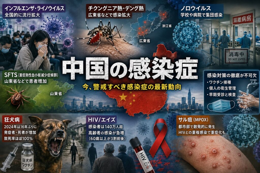 中国の感染症を伝える情報図。中央に大きな地図と赤い警戒エリア、周囲にウイルス・マスク・病院などの映像が組み合わさった collage。