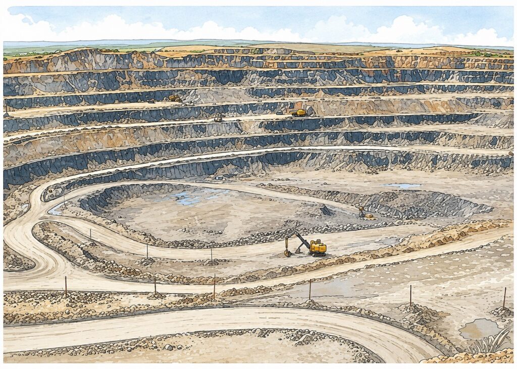Open-pit quarry with terraced benches, yellow excavators at different levels, and winding roads around the pit.