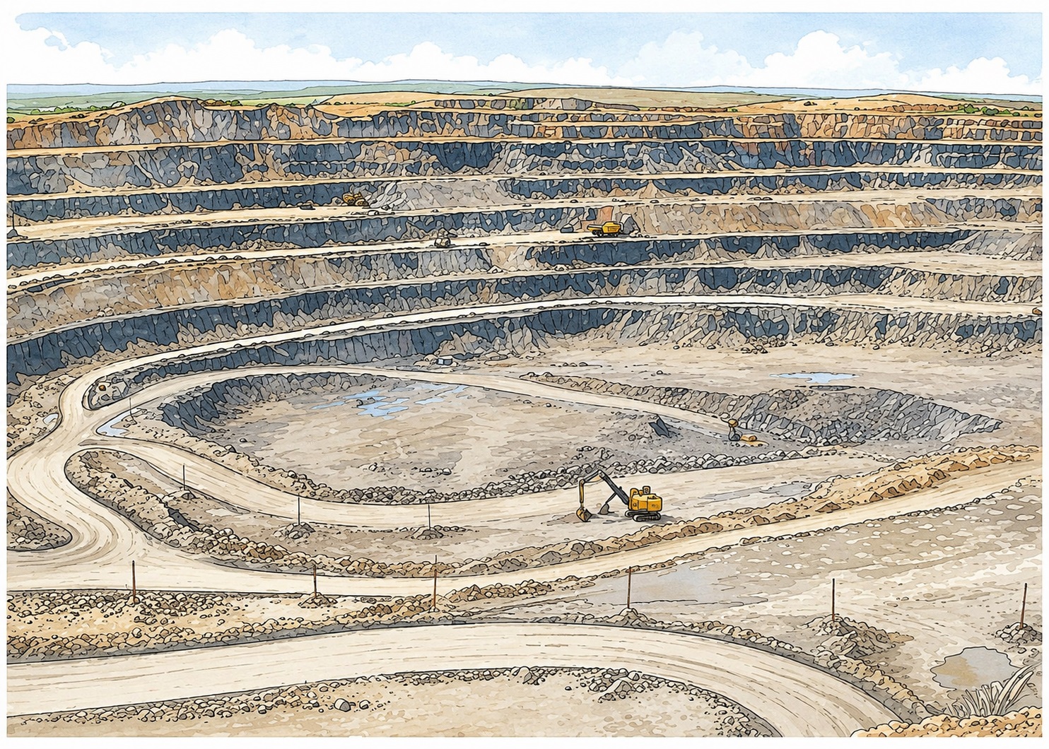 Open-pit quarry with terraced benches, yellow excavators at different levels, and winding roads around the pit.
