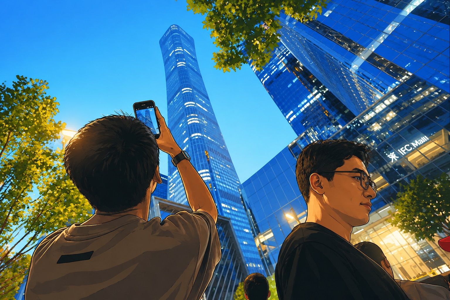 Two people in a downtown plaza, one man holds up a phone to photograph tall blue glass skyscrapers.