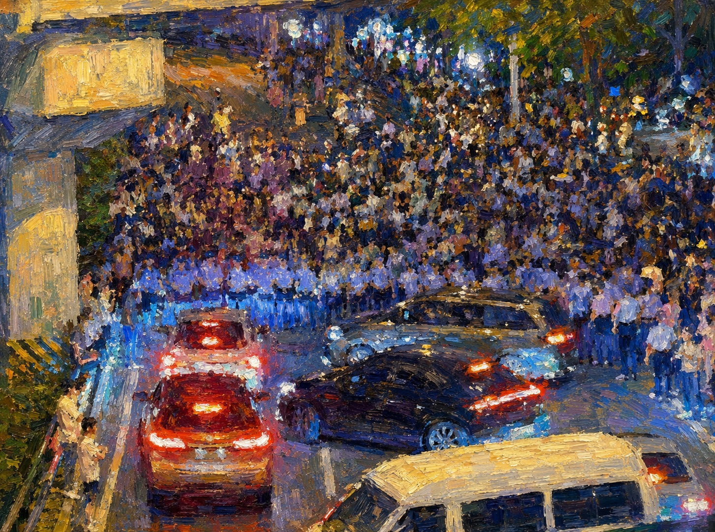 Impressionist street scene: a large crowd gathered at night with several cars in the foreground.
