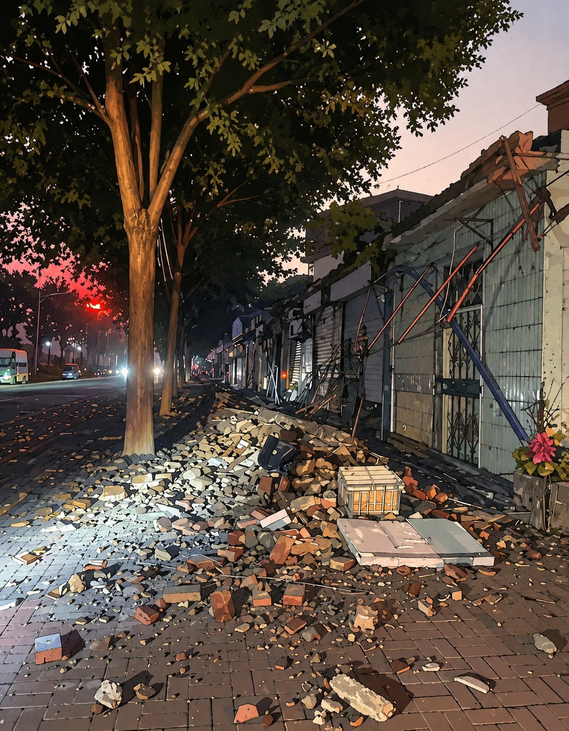 Night street scene with a sidewalk full of bricks and debris from a collapsed wall beside a row of damaged storefronts overlooking the avenue.