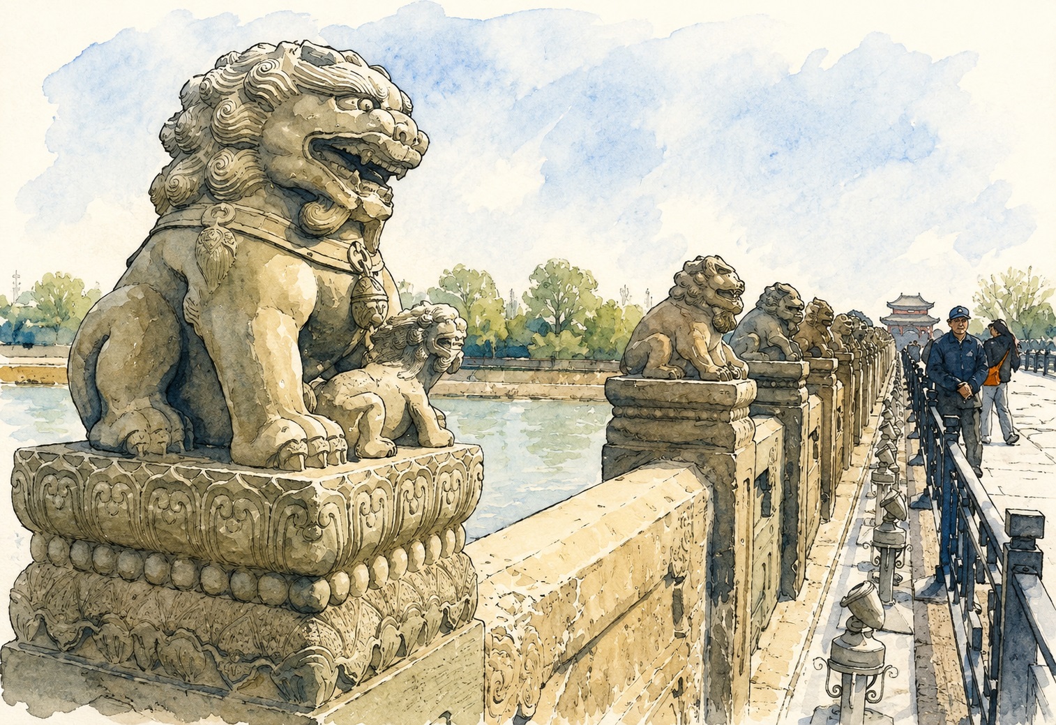 Row of ornate stone guardian lions lining a bridge railing beside a canal with visitors in the distance.