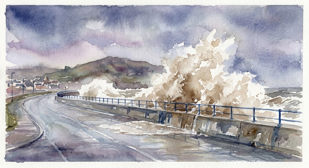 Watercolor of a coastal road with a seawall and a large splash of waves crashing against it, under a cloudy sky.