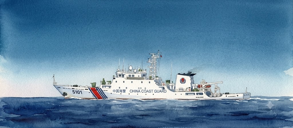 Watercolor depiction of a China Coast Guard cutter at sea, hull number 5101 with red and blue stripes along the bow.