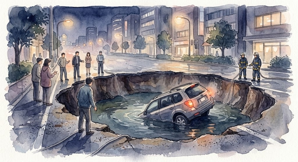 A car sinks into a large urban sinkhole on a city street at dusk, with bystanders watching and firefighters nearby.
