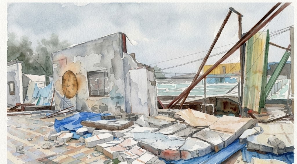 Watercolor illustration of a collapsed concrete building with rubble and leaning wooden beams by the shore.