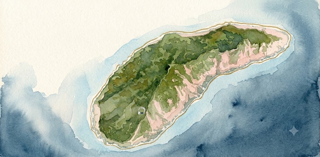 Watercolor map of a long, forested island surrounded by pale blue sea.