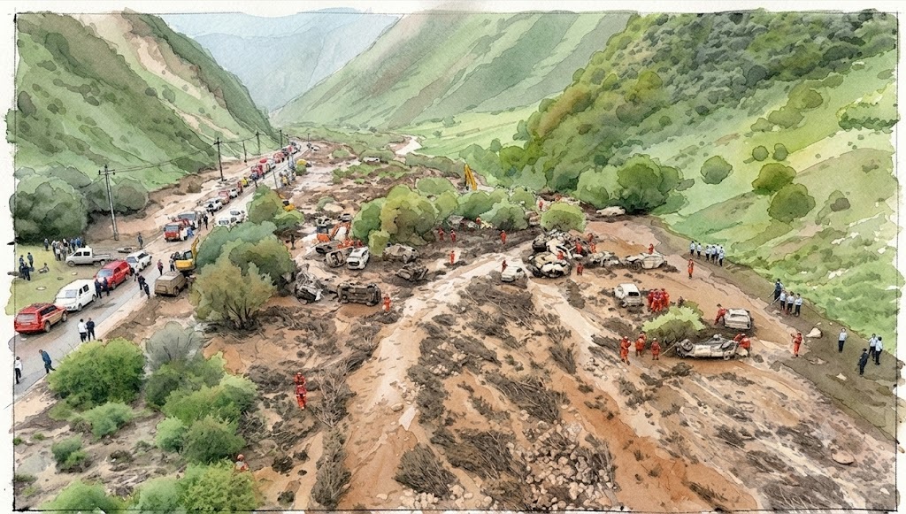 A hillside landslide blocks a mountain road with abandoned cars and responders nearby.