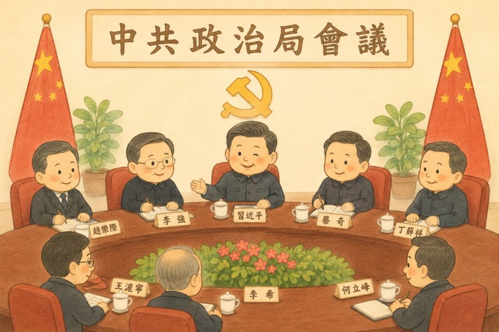 Cartoon of Chinese leaders around a round table for a CCP Politburo meeting, with flags and a hammer-and-sickle symbol above.