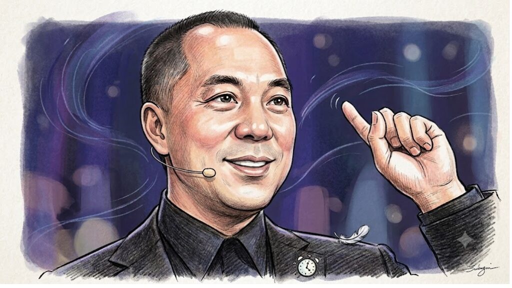 Illustrated portrait of a smiling man in a suit wearing a headset microphone, on stage, raising a finger as he speaks.
