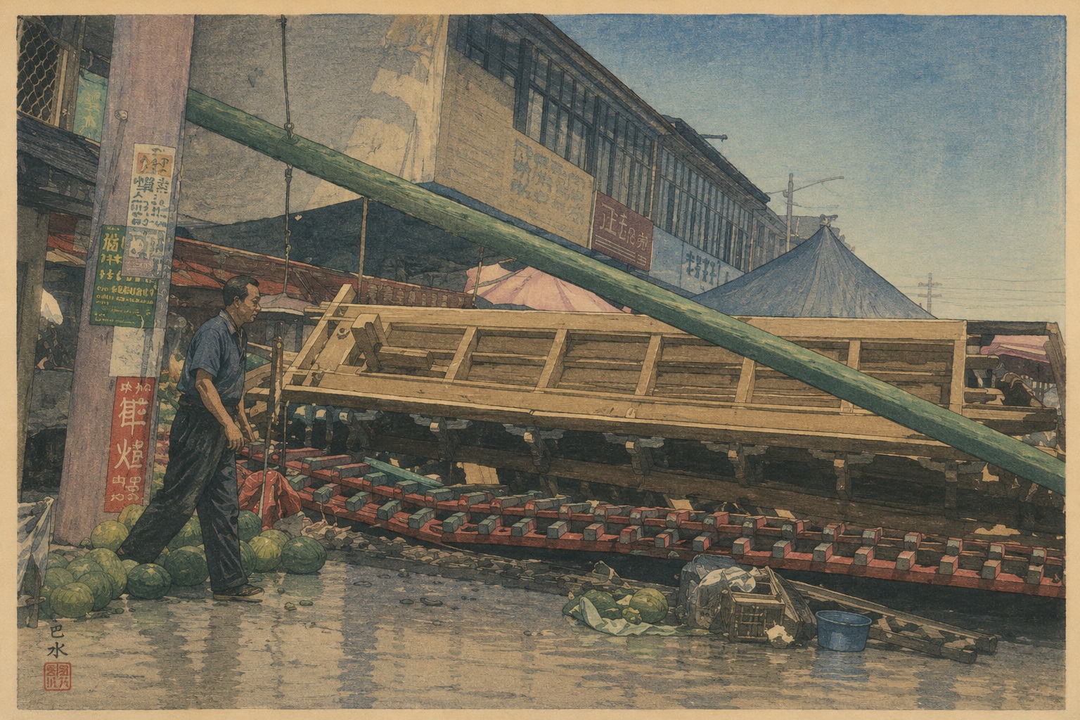 Market by a river with a large wooden barge under repair; a man stands in muddy water near watermelons and stacked blocks.