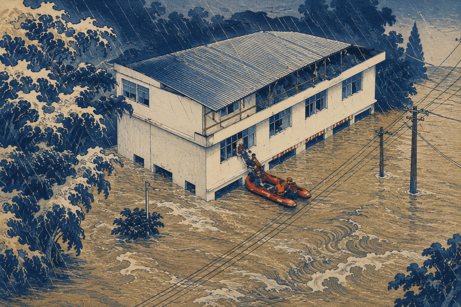 Two-story building surrounded by floodwaters with a rescue inflatable boat pulling people from the side.