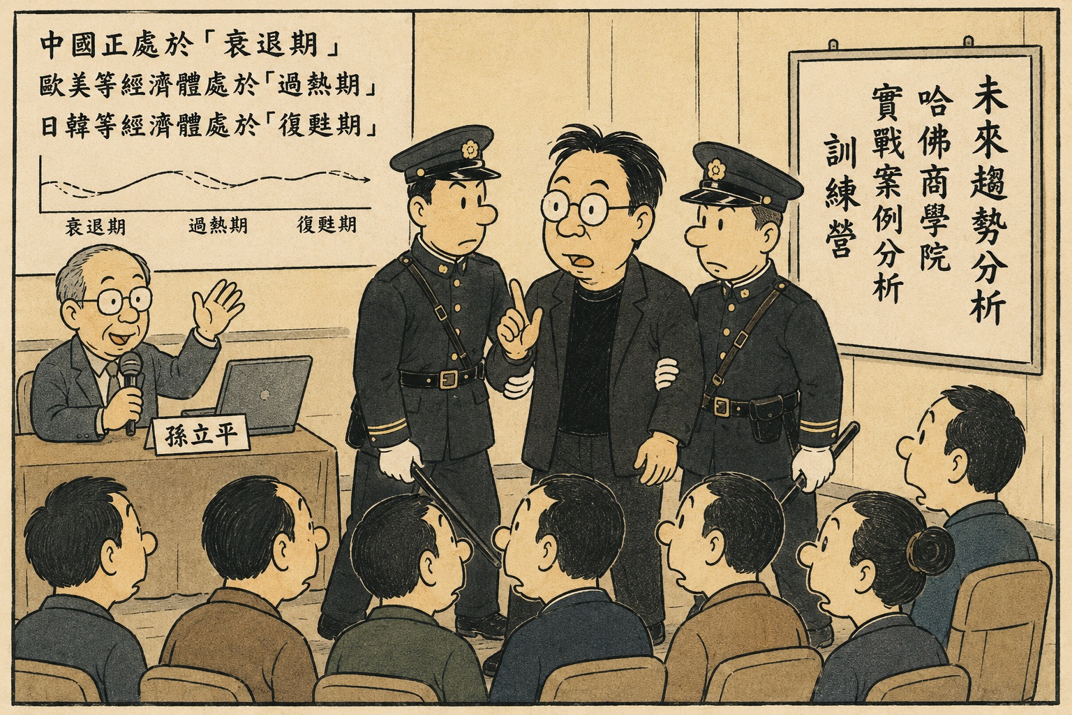 漫畫講座場景，主持人解說經濟循環的衰退期、過熱期與復甦期，兩名軍裝人員在旁陪聽，前排學員聆聽。