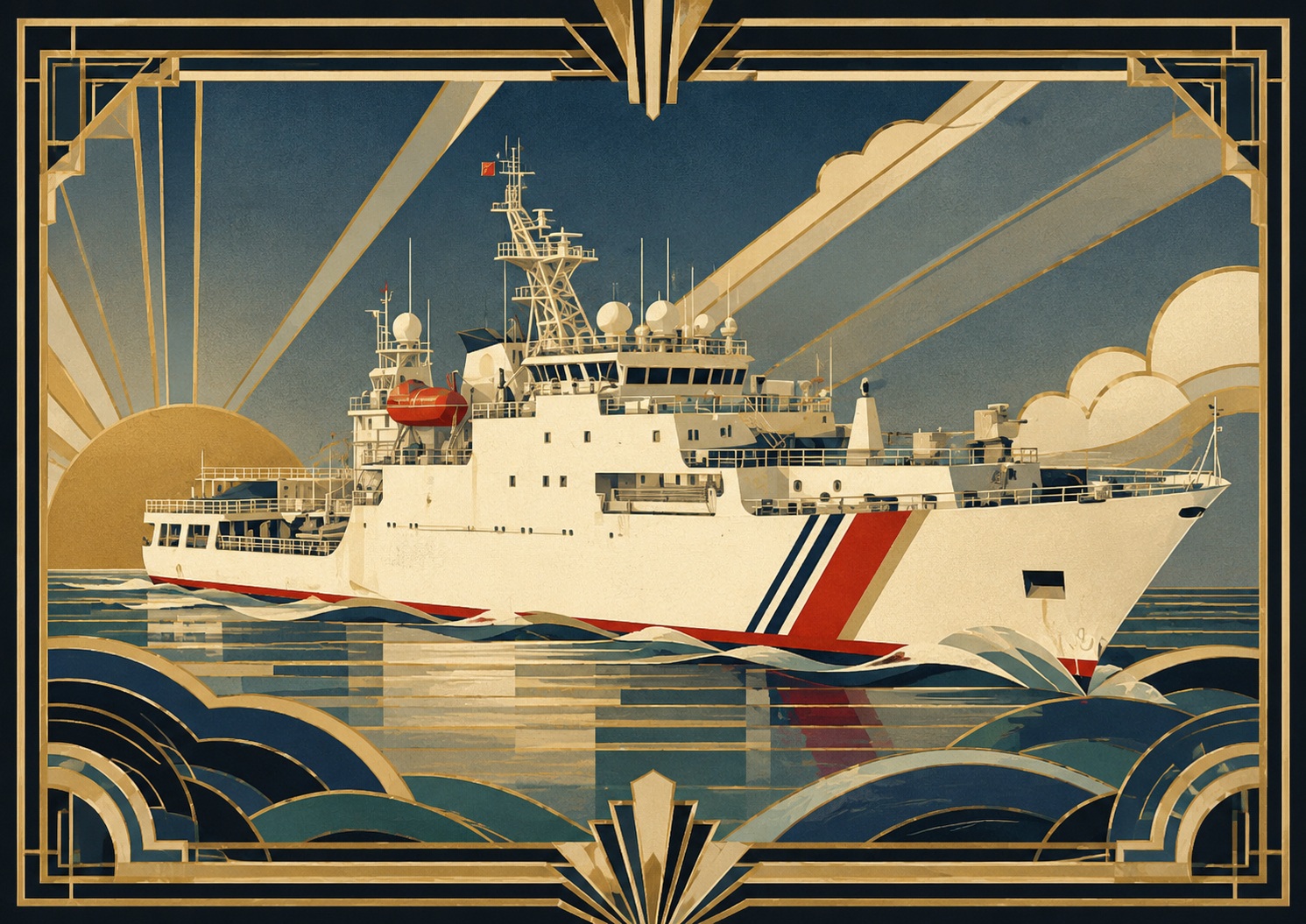 Art deco poster of a large white ship at sea, framed in gold geometric borders with a sunburst background.