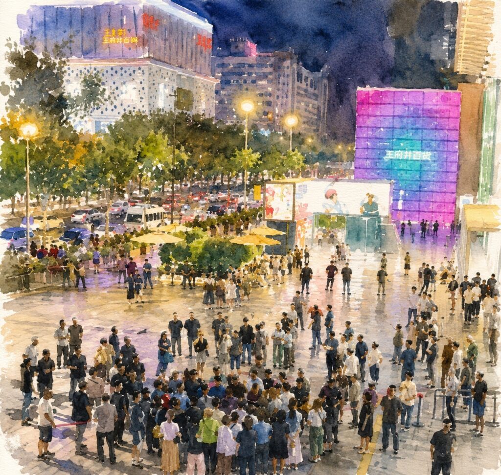 Crowded city square at night with pedestrians, trees, and illuminated buildings in the background.