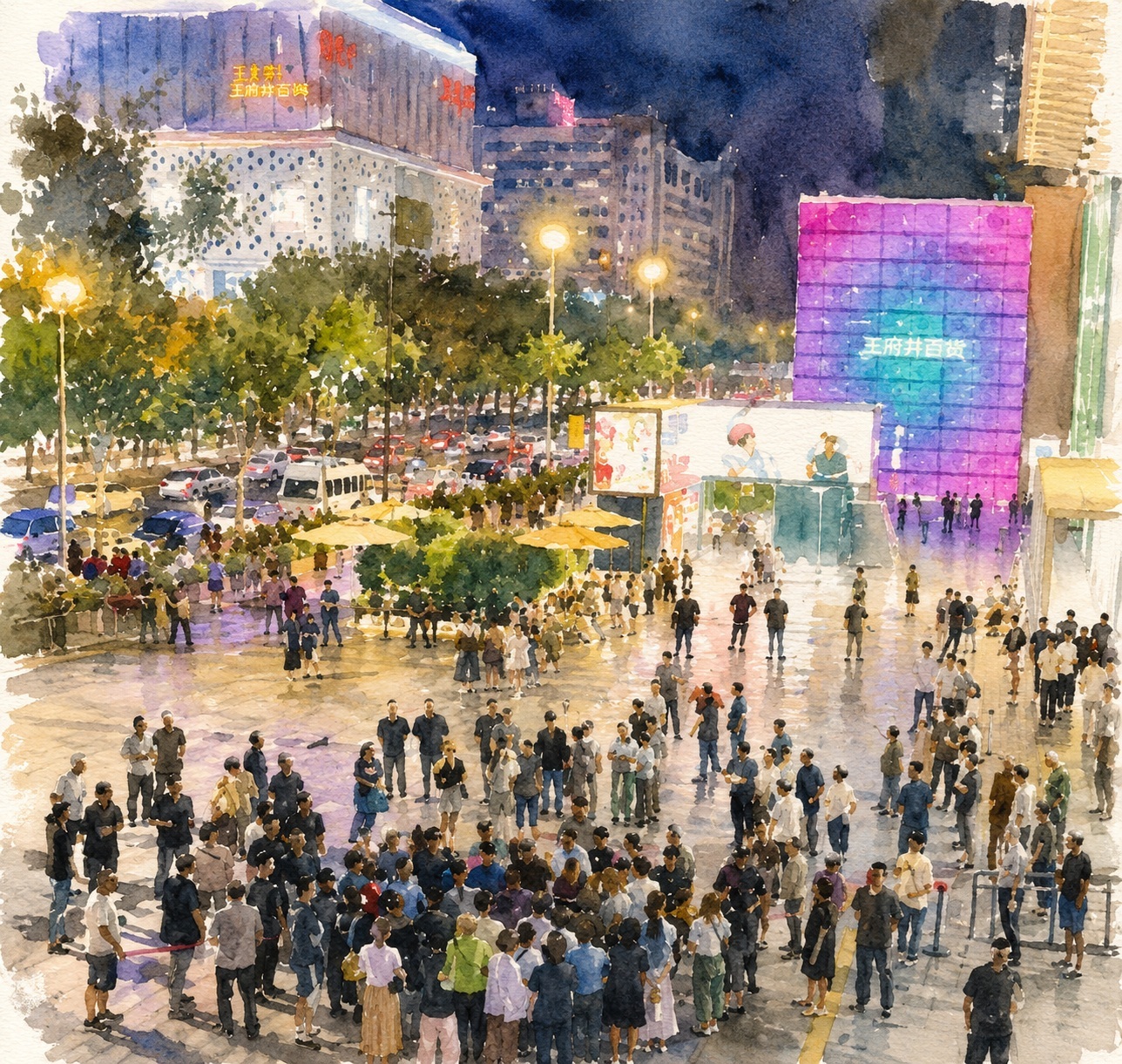 Crowded city square at night with pedestrians, trees, and illuminated buildings in the background.