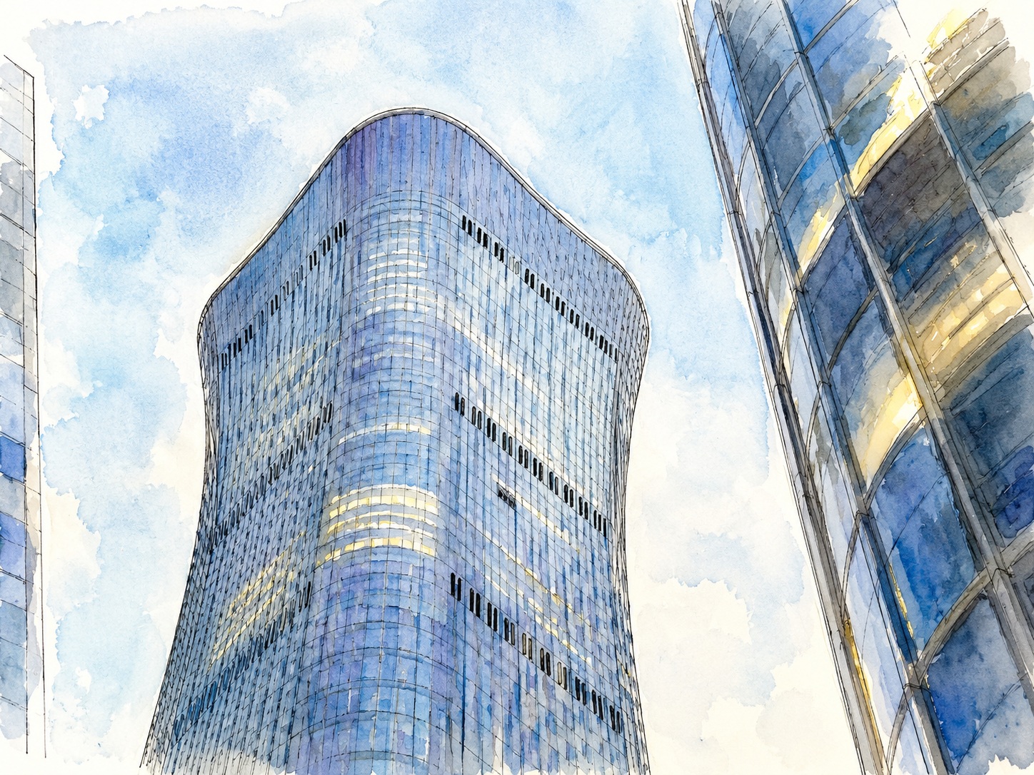 Watercolor illustration of tall blue glass skyscrapers leaning inward toward each other against a bright sky.