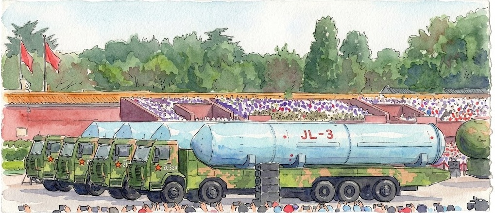 Watercolor illustration of a military parade with camouflaged trucks carrying a large blue JL-3 missile as crowds cheer in a stadium.