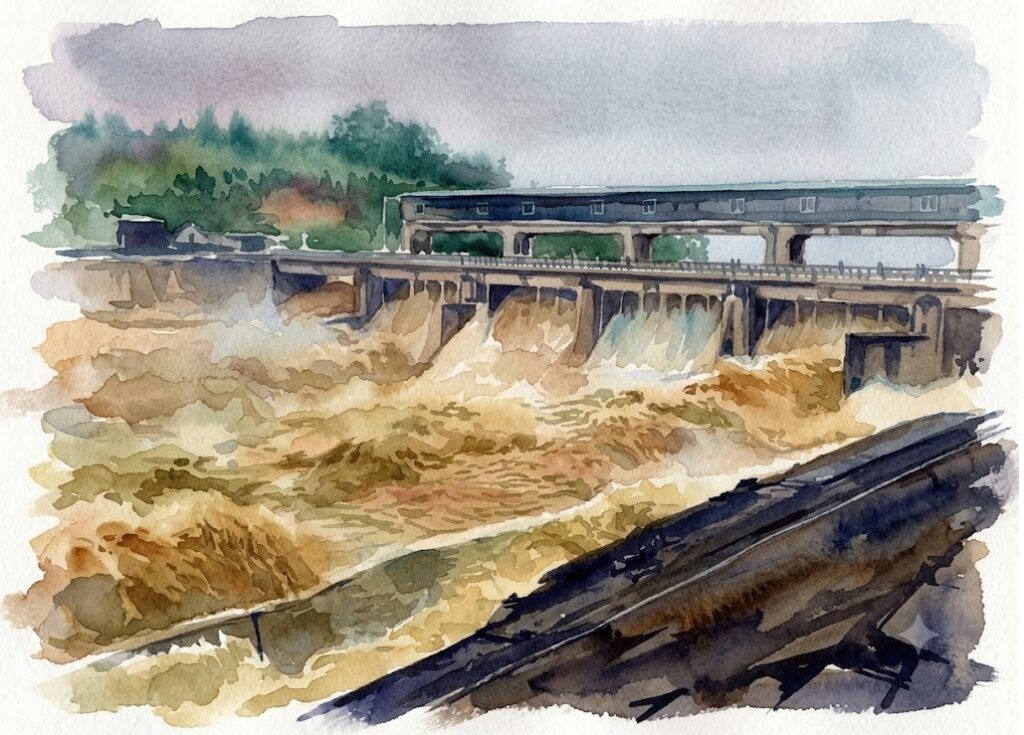 Watercolor painting of a dam with water spilling over a spillway, a bridge above, and a rocky foreground.