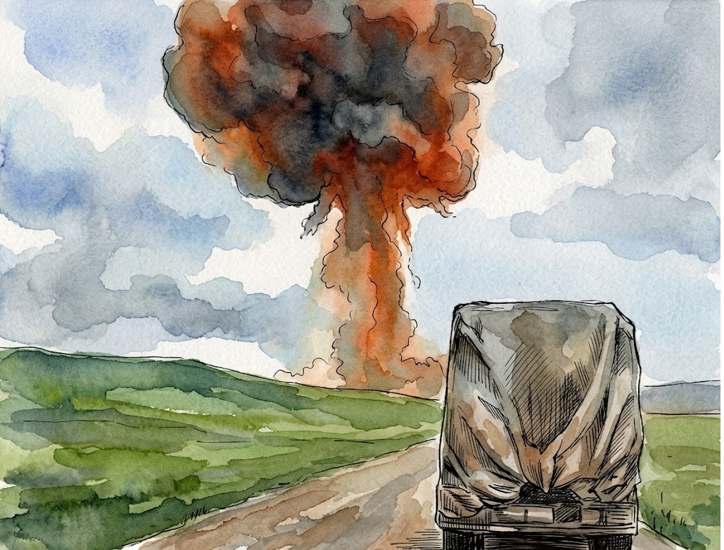 Watercolor illustration of a truck on a rural road with a large mushroom cloud explosion in the distance behind it