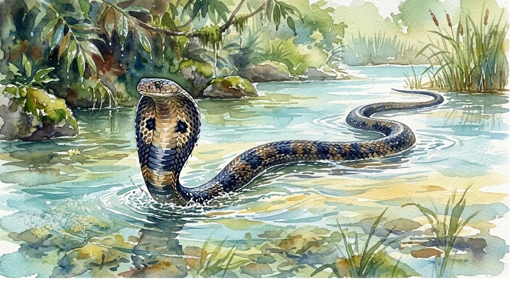 King cobra rearing its hood in a shallow river, surrounded by lush jungle vegetation (watercolor illustration)