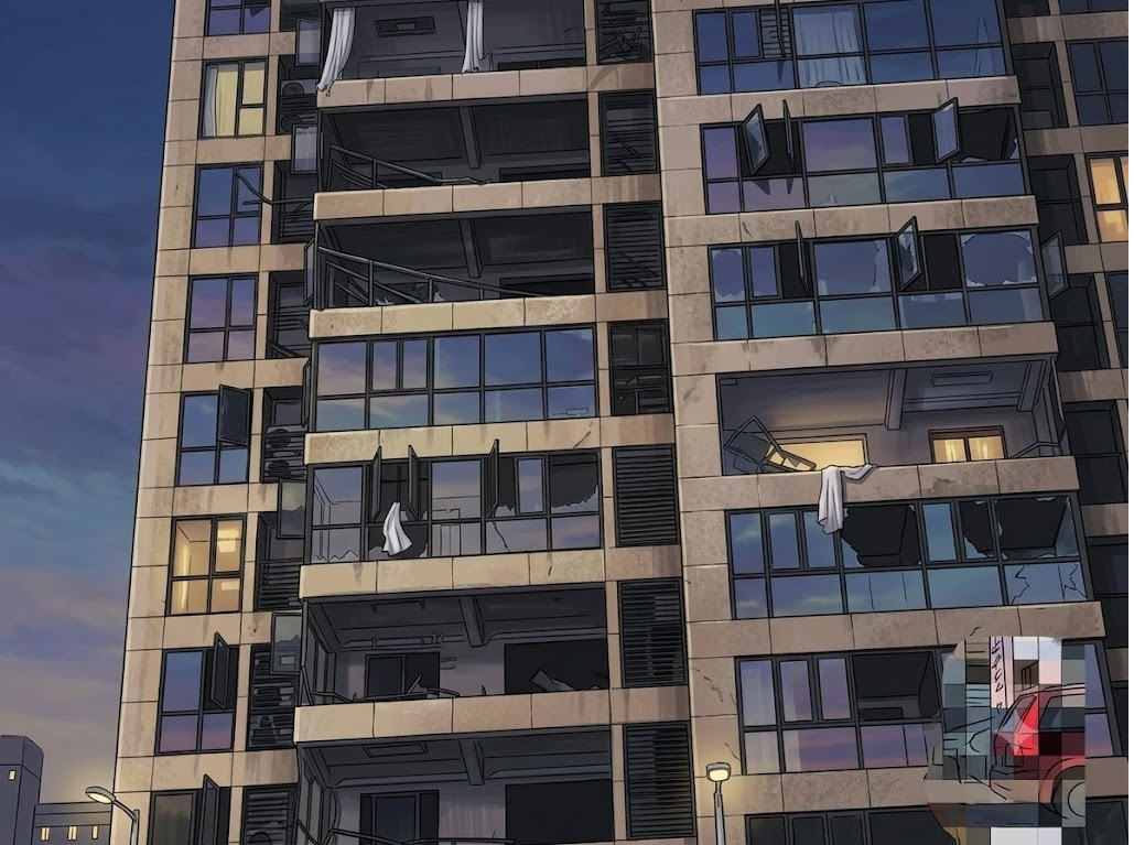 Urban apartment building with glass balconies, laundry hanging, and open windows at dusk.