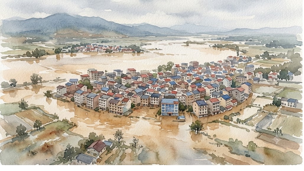 Watercolor aerial view of a small village with clustered houses surrounded by fields and distant mountains in the background.