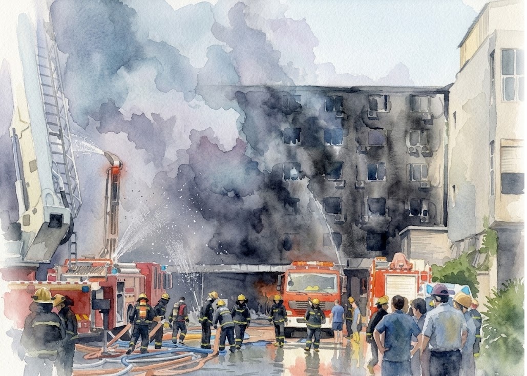 Firefighters battle a blaze in a multi-story building with smoke rising; hoses and red fire trucks on the street.