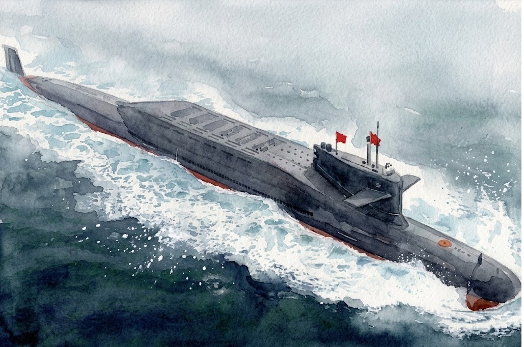 Watercolor illustration of a gray submarine cutting through rough sea, red flags atop the conning tower.