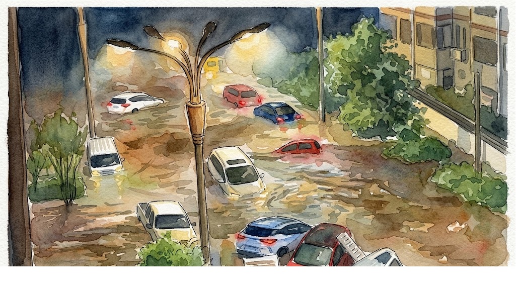 Waterlogged street with cars partially submerged in brown floodwaters, streetlamp and trees on both sides.