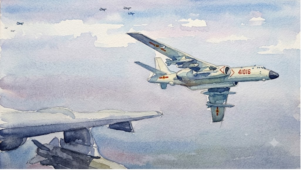 Watercolor painting of two military fighter jets flying over the ocean, one jet displaying the red marking 41016 on its nose.