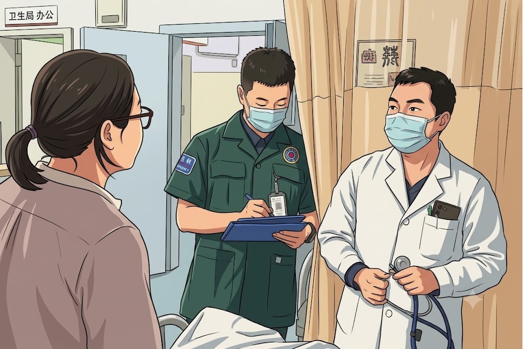 Patient in a hospital bed speaks with two masked medical professionals, one writing on a clipboard and the other holding a stethoscope.