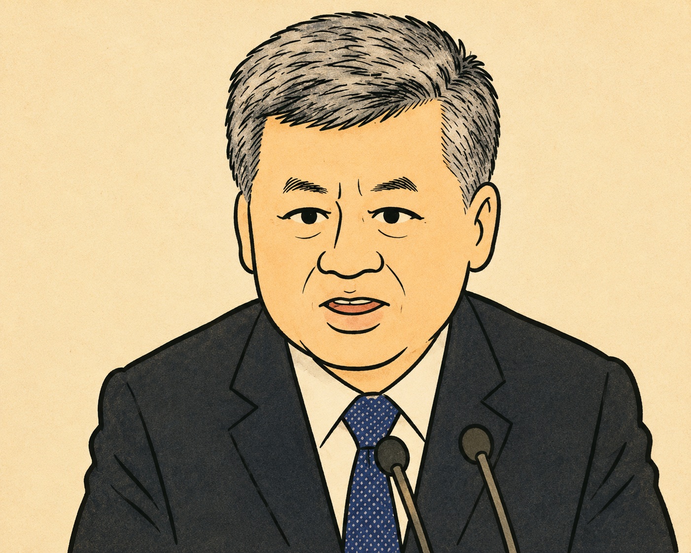 Illustration of a man in a dark suit and blue tie speaking into two microphones at a press conference