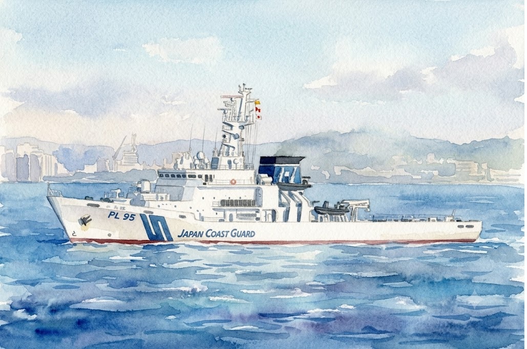 Watercolor painting of a Japan Coast Guard patrol vessel PL95 sailing on blue sea with a distant city skyline in the background.