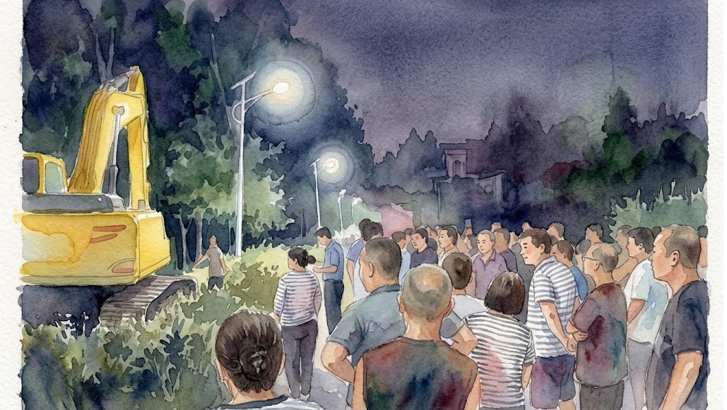 A crowd of people watches a large yellow excavator at dusk in a park setting with streetlights nearby.