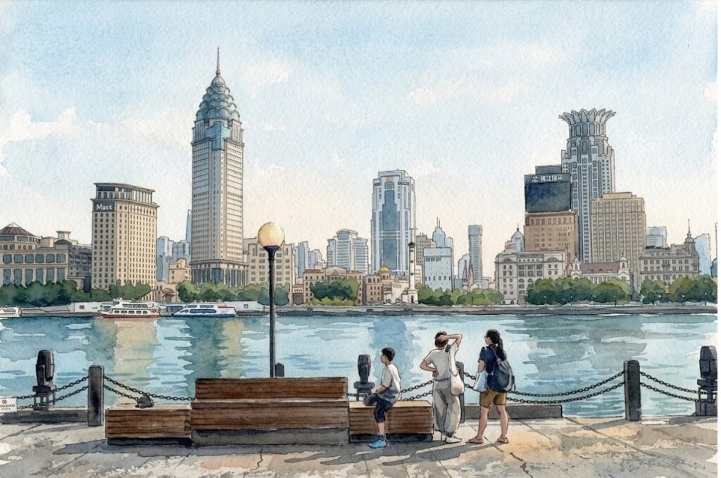 Watercolor illustration of a riverside promenade with a bench, lamppost, and a city skyline across the water.