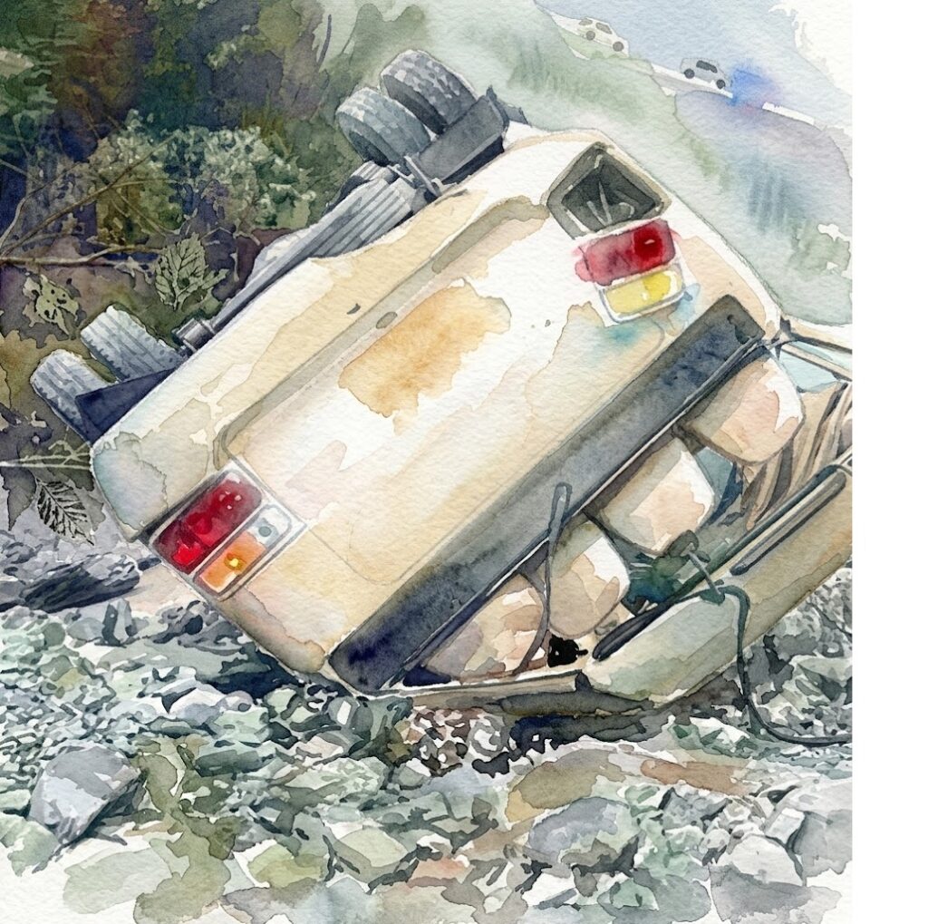Watercolor painting of an upside-down beige car on a rocky hillside, with its rear lights visible.