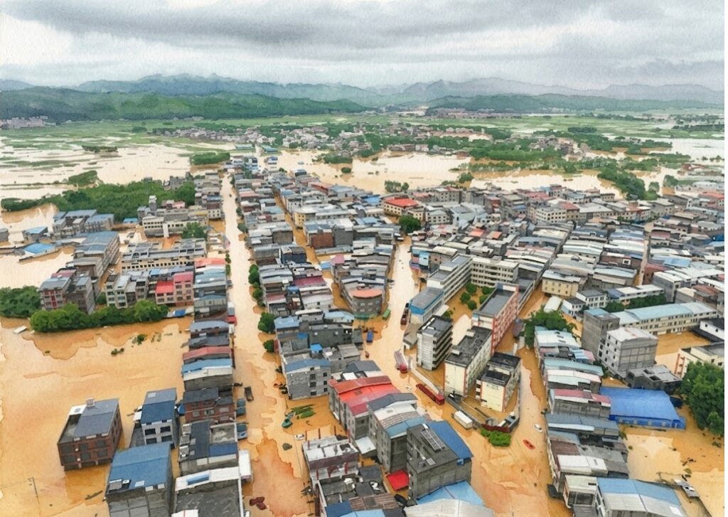 A densely built town flooded, with muddy water filling streets and surrounding buildings partly submerged beneath the flood. Explains widespread inundation of the area as mountains loom in the distance.