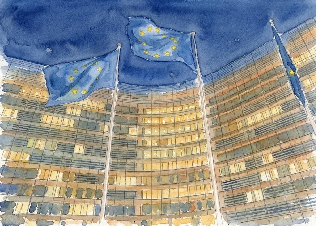 Watercolor illustration of blue European Union flags with yellow stars waving in front of a curved glass office building at dusk.