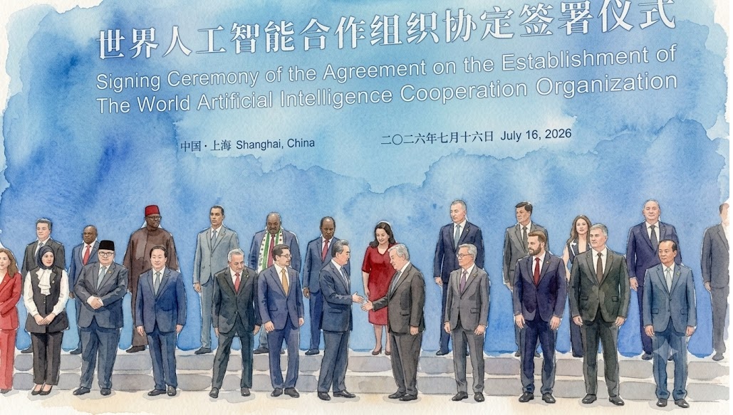 Signing ceremony for the World Artificial Intelligence Cooperation Organization; officials shake hands on steps under a blue banner, in Shanghai on July 16, 2026.