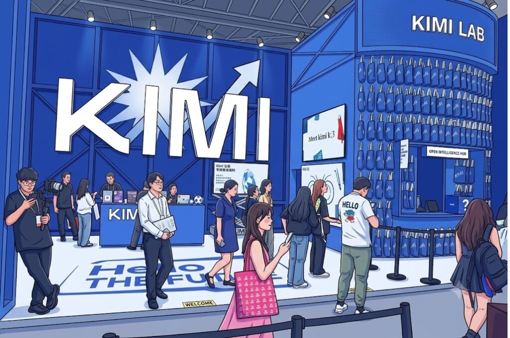 Illustration of a blue tech expo booth labeled 'KIMI LAB' with visitors exploring screens and staff at a counter, at a convention.