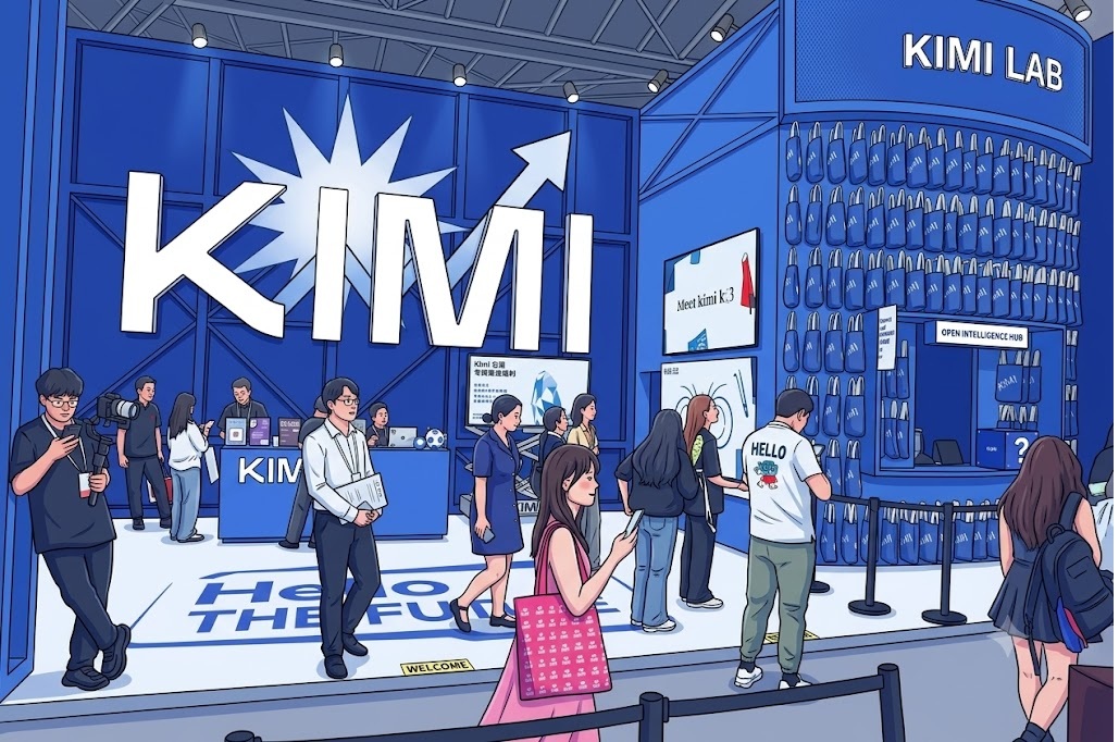 Illustration of a blue tech expo booth labeled 'KIMI LAB' with visitors exploring screens and staff at a counter, at a convention.